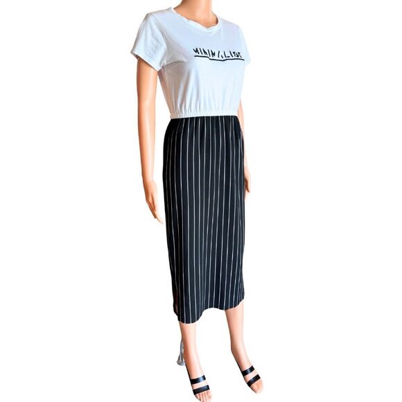 Splash Minimalist Black White Striped T-Shirt Midi Dress 6 - Picture 4 of 6